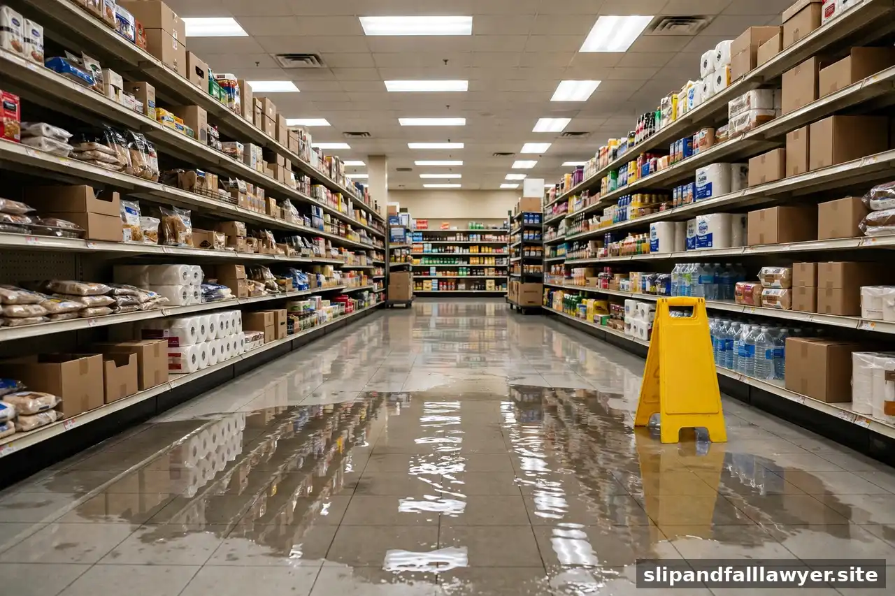 Wet supermarket aisle with a puddle and a yellow caution sign