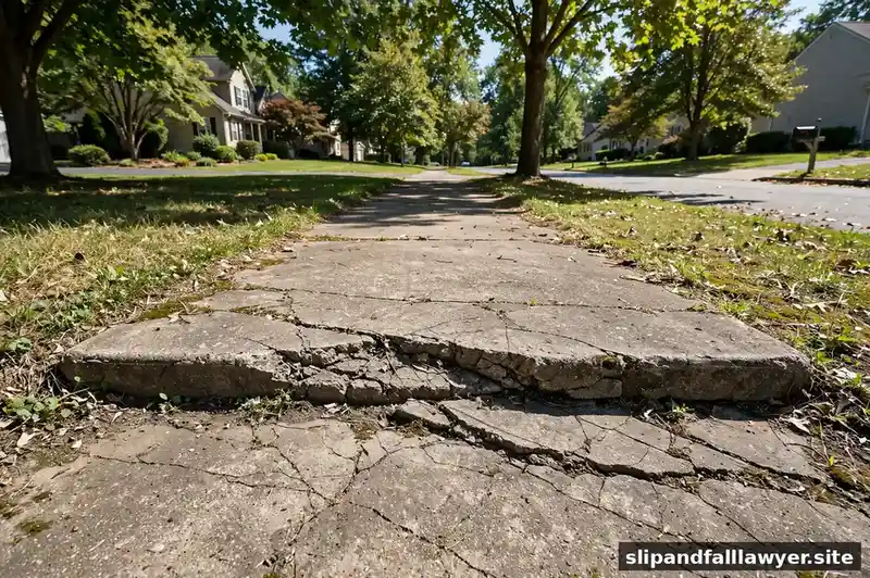 Cracked uneven sidewalk with a raised slab in a residential neighborhood