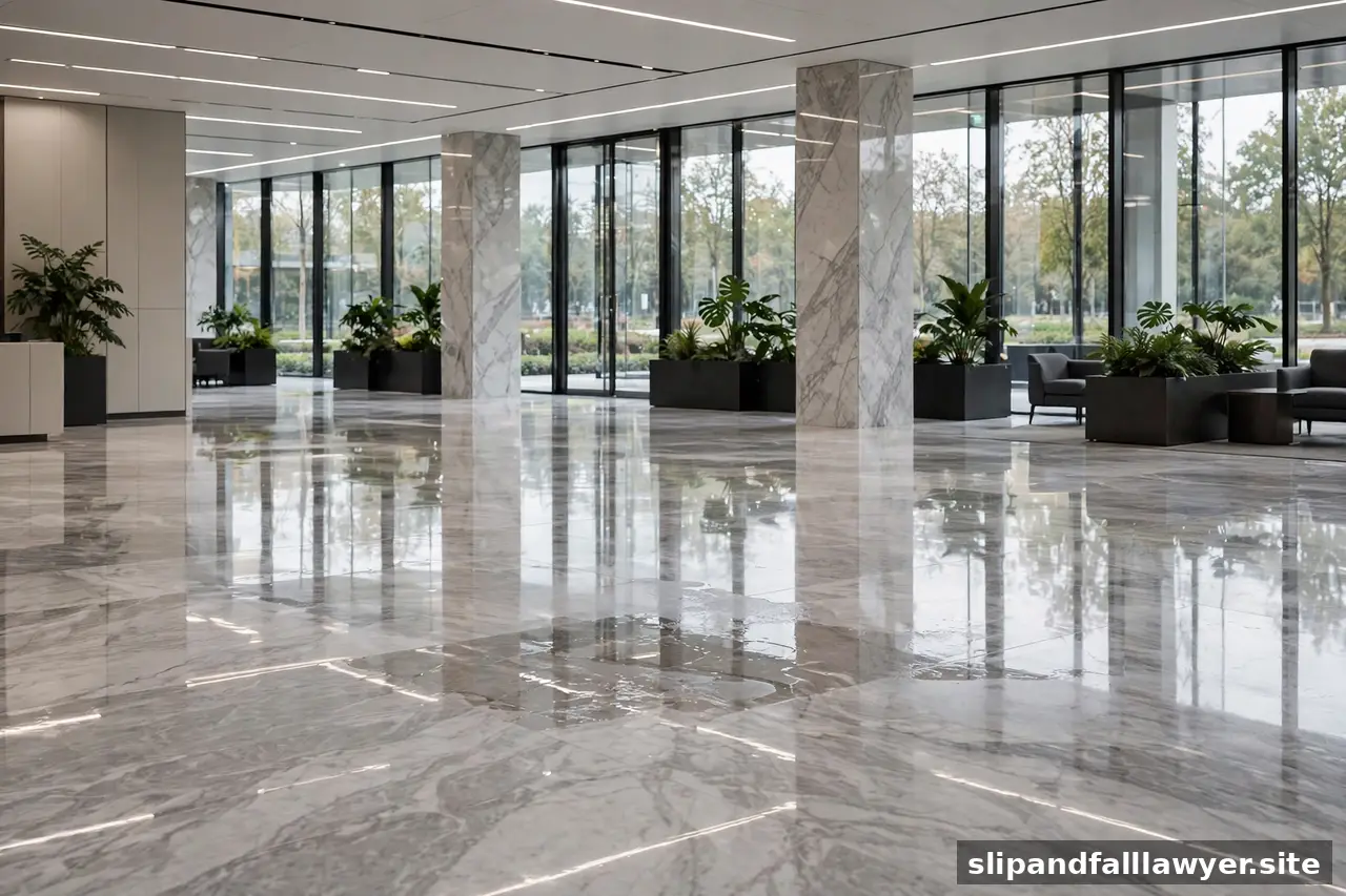 Polished marble lobby floor with glossy reflections and a wet patch