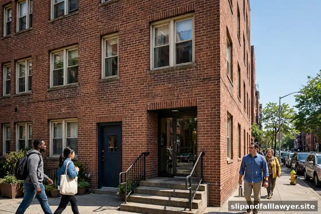 Brick apartment building entrance with steps and a metal handrail
