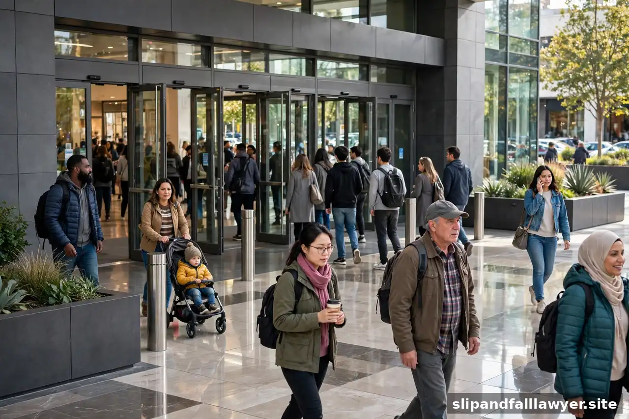 Shoppers entering a US shopping mall through glass entrance doors