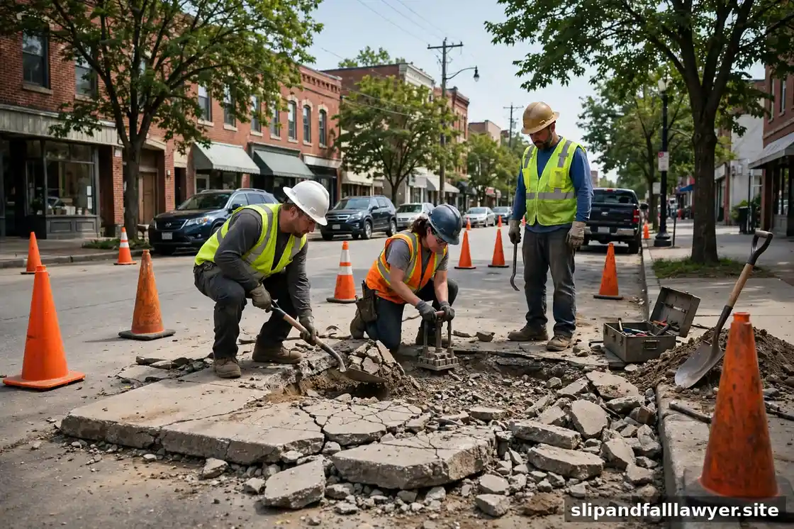 City crew repairing a broken sidewalk slab behind orange cones