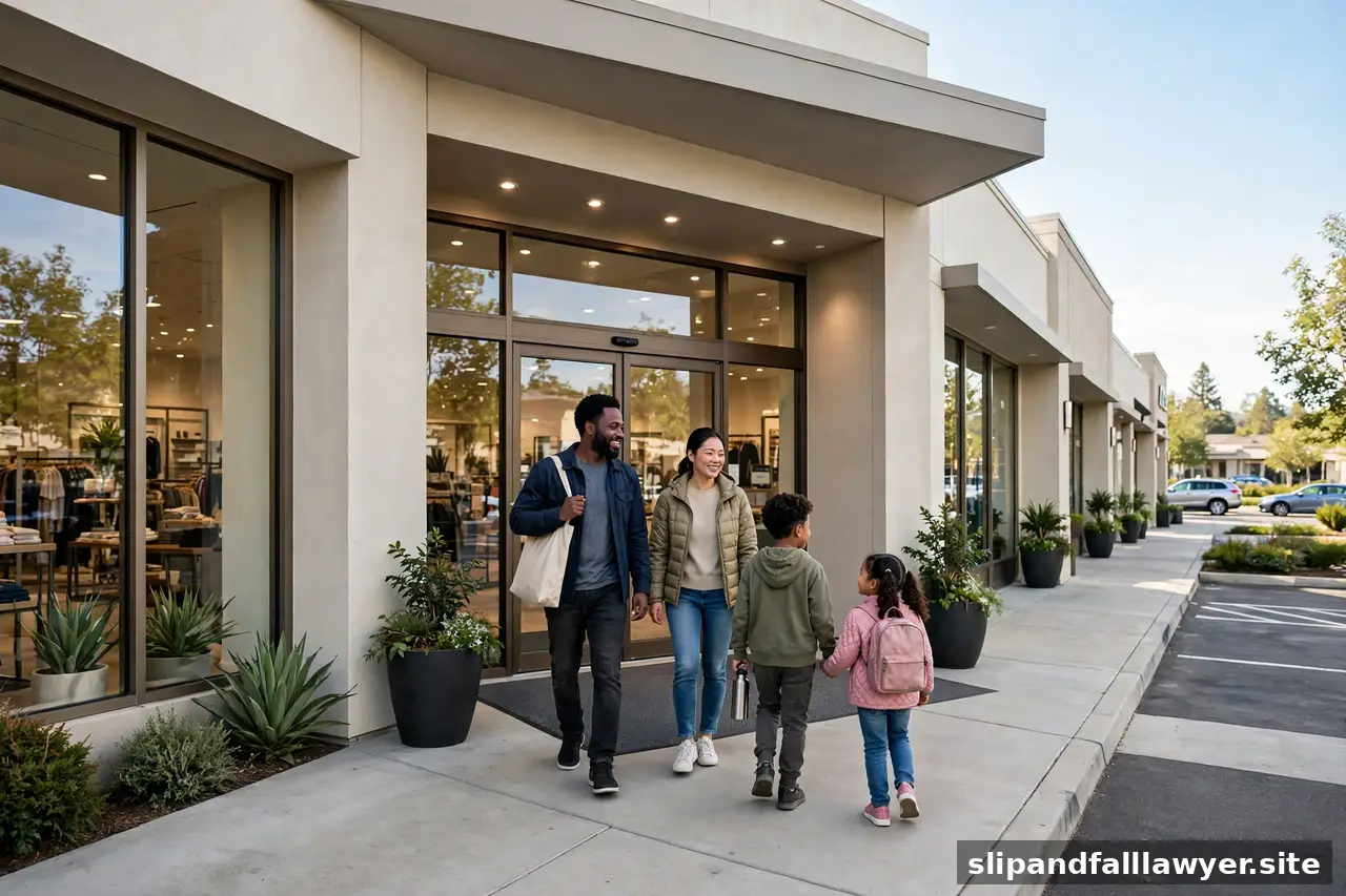 Family approaching a welcoming retail store entrance with an entry mat