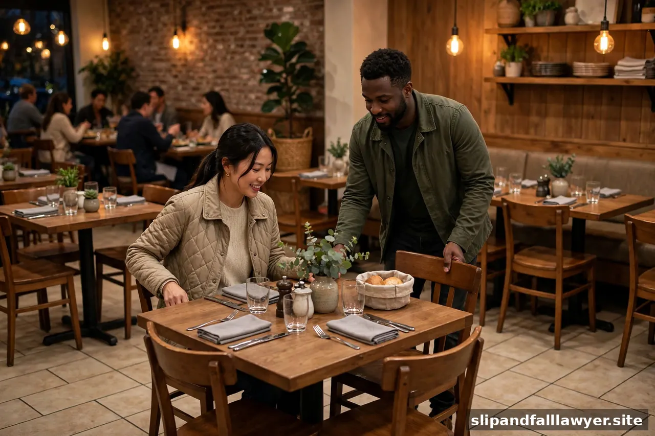Casual restaurant dining room with tile floors and seated guests