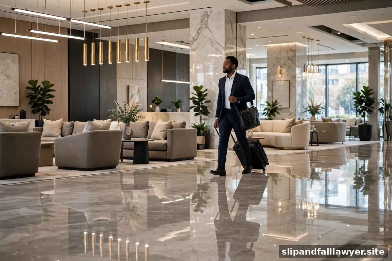Upscale hotel lobby with glossy marble floors and reflections