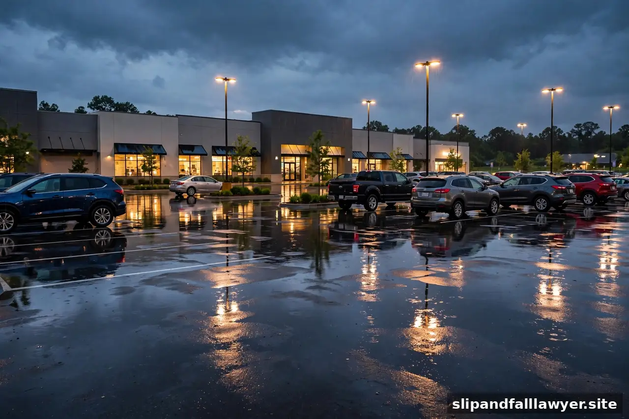 Rain-soaked shopping center parking lot at dusk with puddles