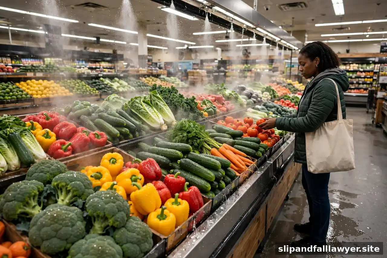 Grocery produce section with misted vegetables and a damp floor