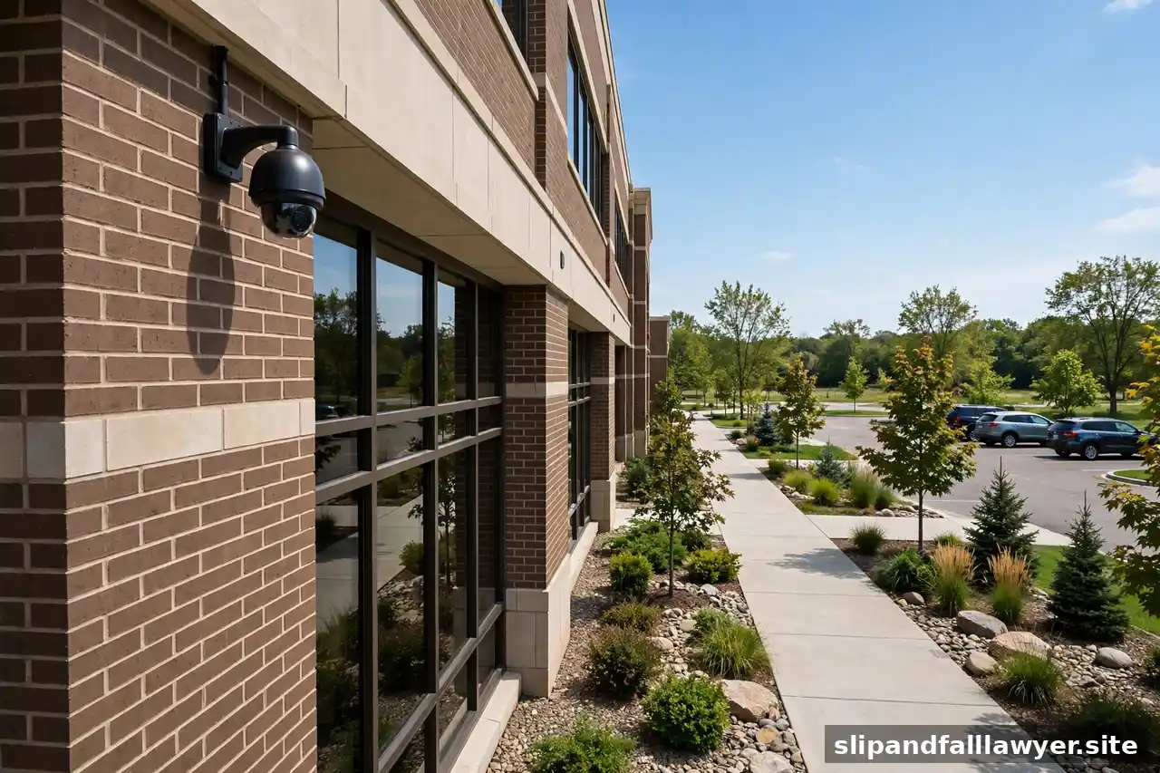 Security camera mounted on a commercial building overlooking a walkway