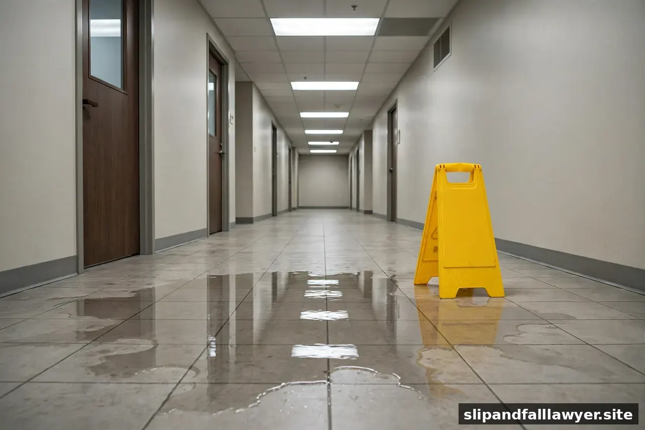 Spilled liquid on an office hallway floor next to a caution sign