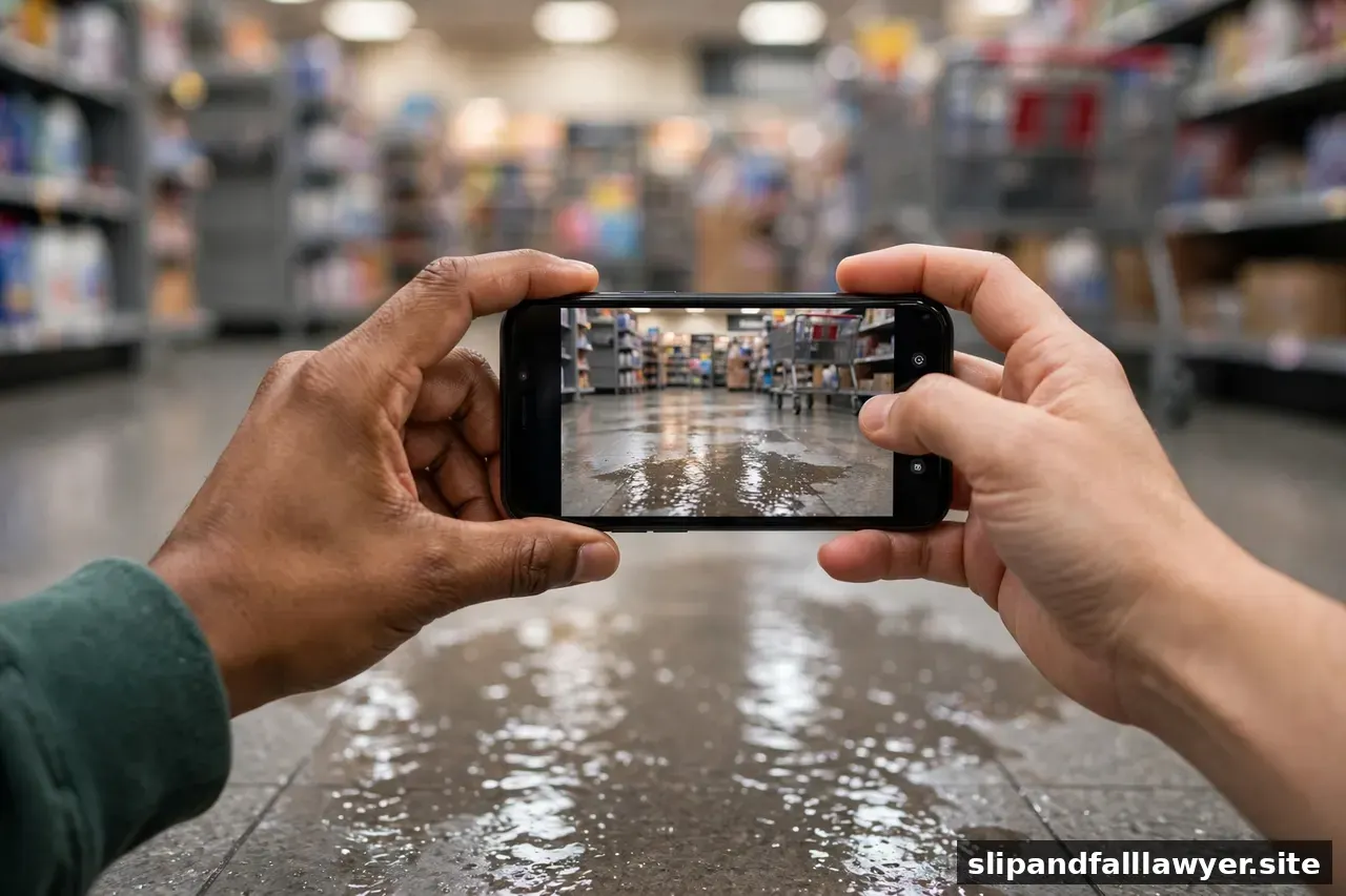 Hands holding a smartphone photographing a wet floor hazard in a store