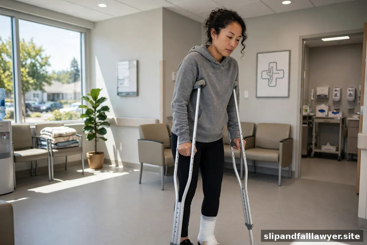 Person with a bandaged ankle using crutches at a clinic