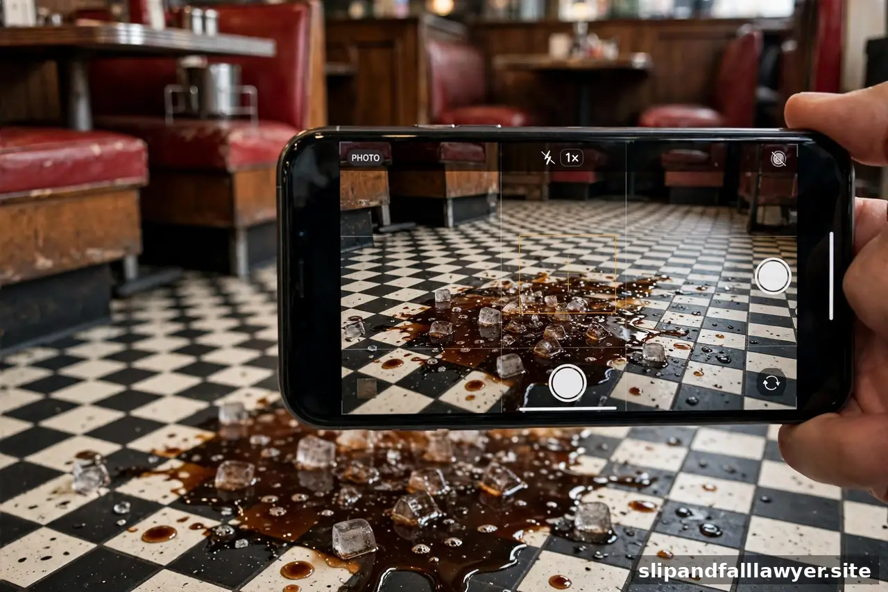 Smartphone photographing a spilled drink on a restaurant floor