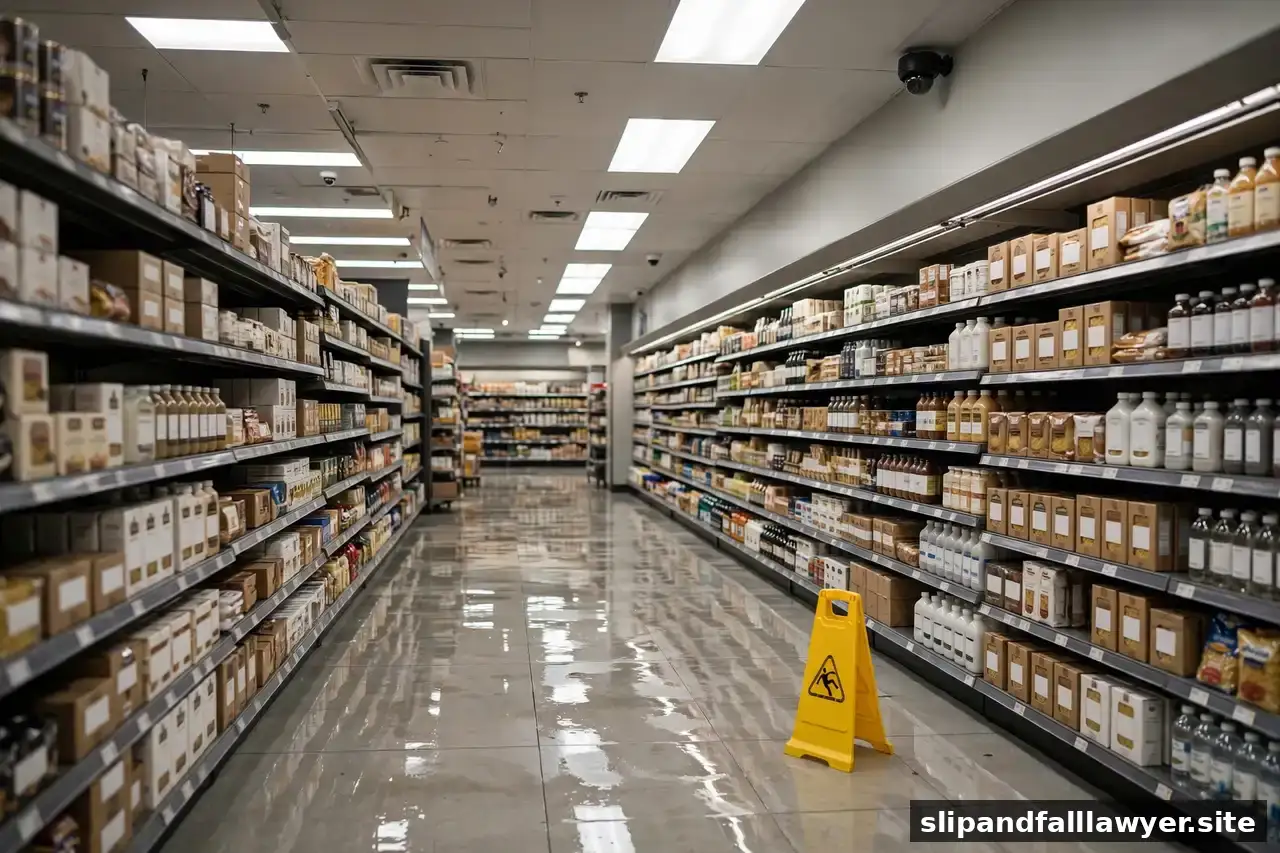 Security camera mounted above a grocery store aisle with a wet-floor caution cone on the tile