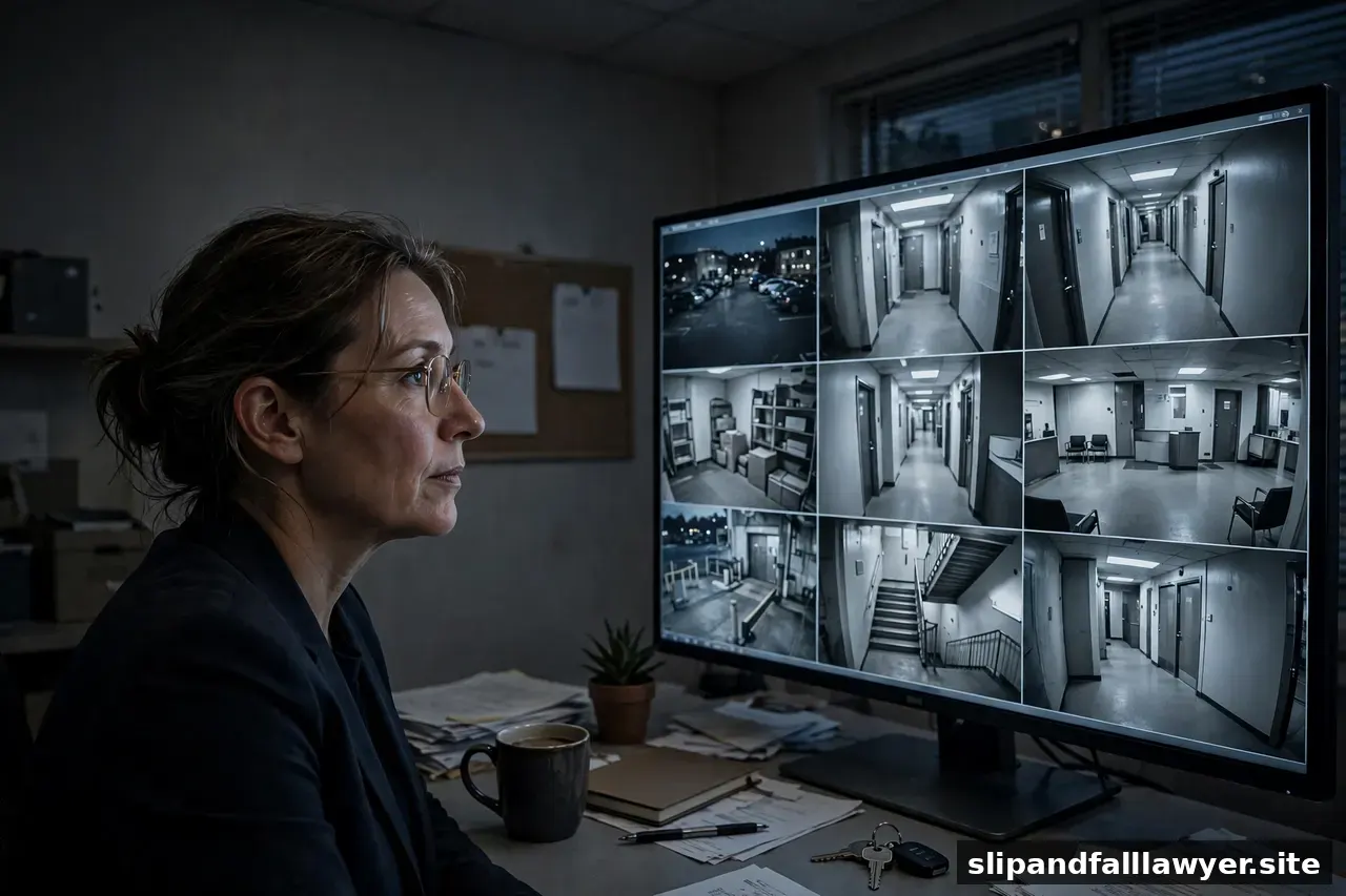 Woman reviewing multiple CCTV security camera feeds on a large office monitor