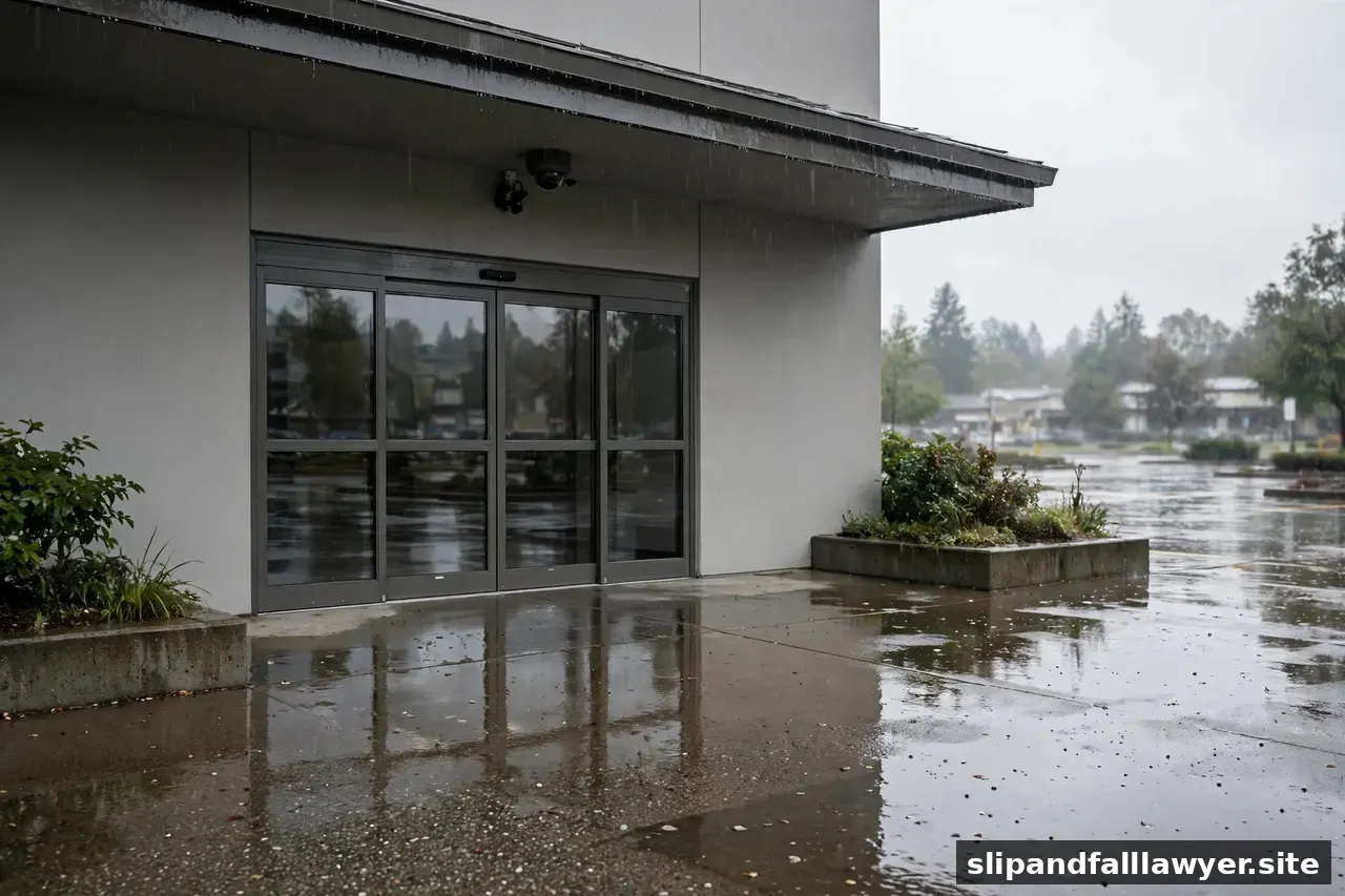 Rainy store entrance with wet sidewalk and a security camera above the doors