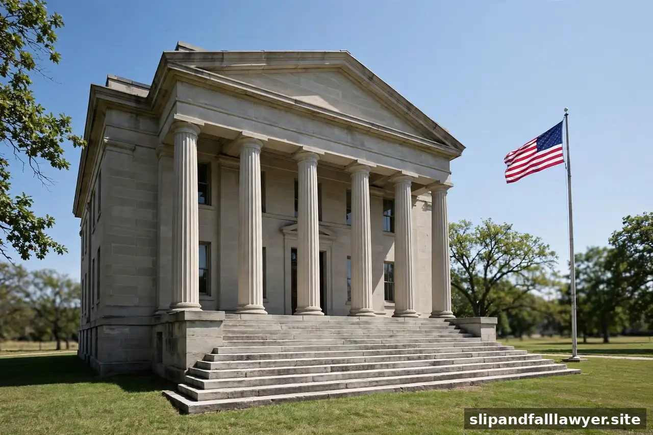 US courthouse exterior with stone steps, columns, and an American flag
