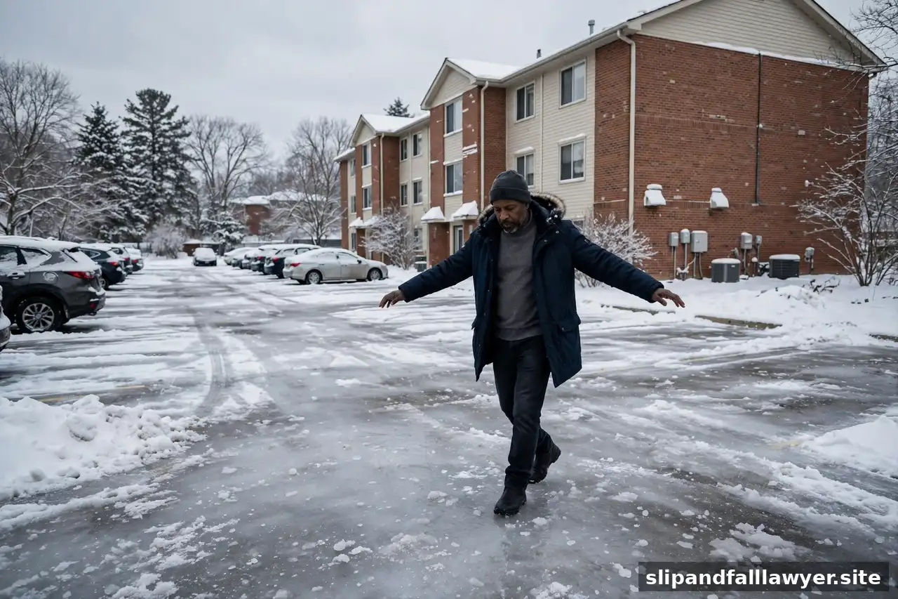 Man walking carefully across an icy apartment parking lot in winter