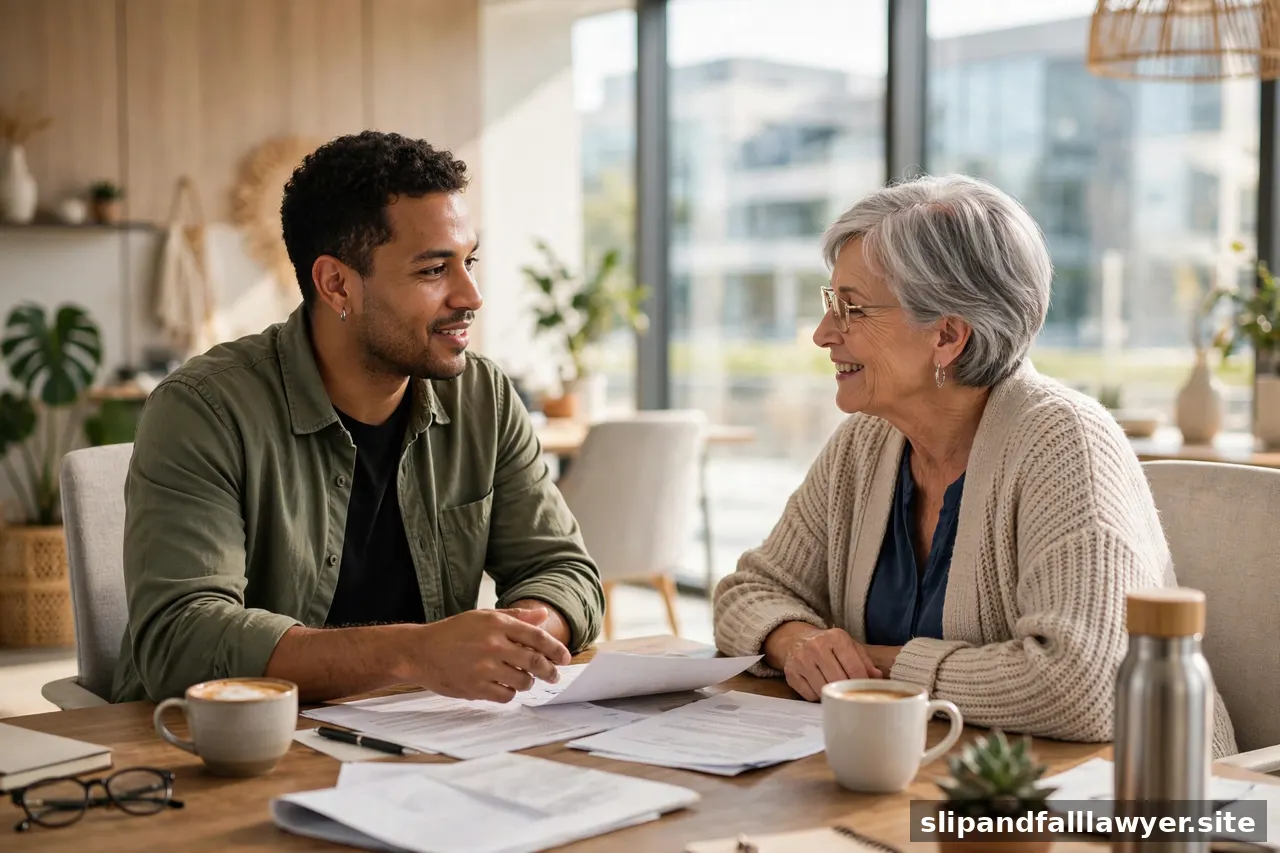Two people discussing paperwork during a consultation in a bright office