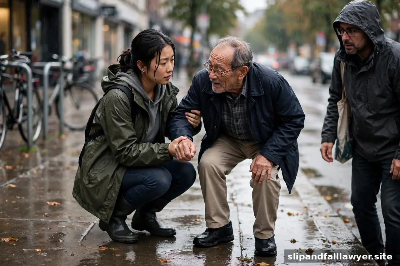 Woman helping an elderly man back to his feet on a wet city sidewalk