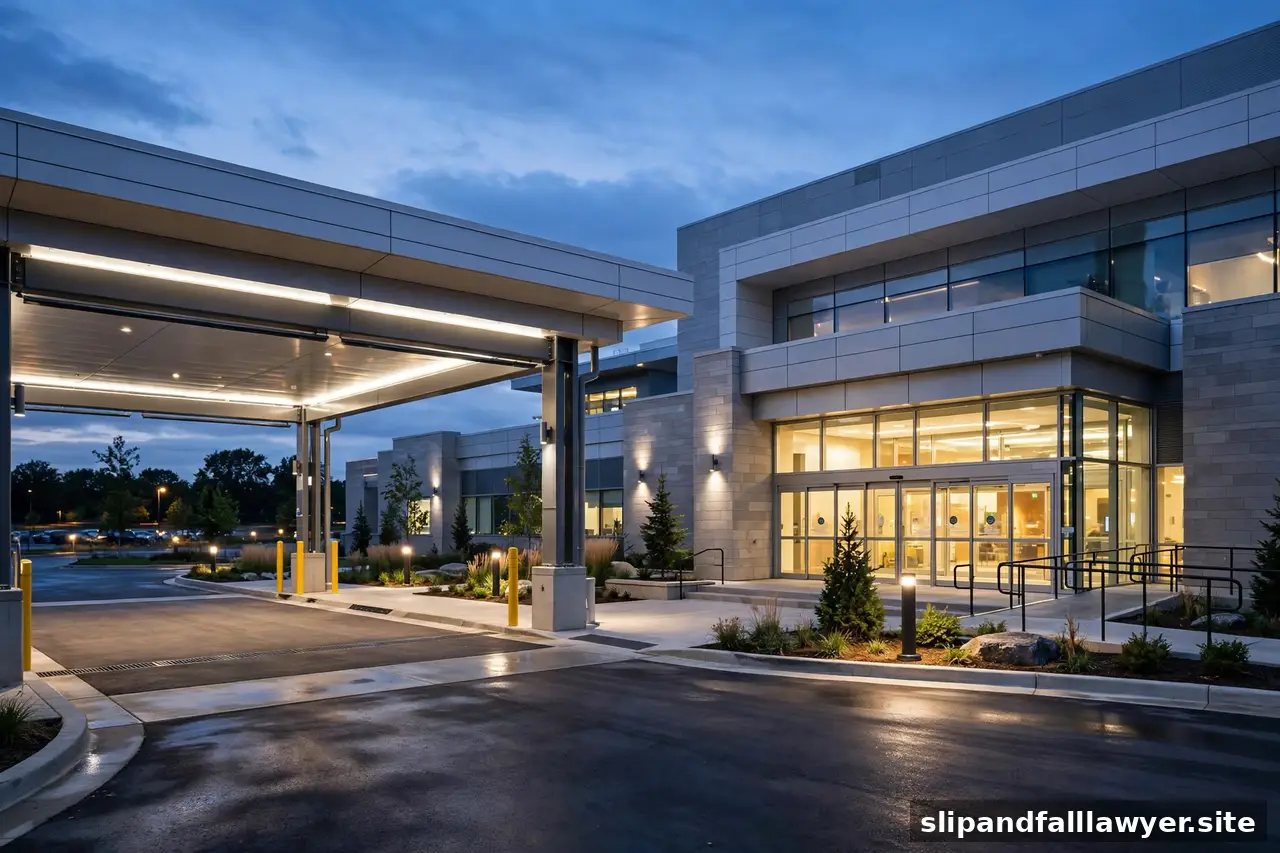 Hospital emergency department entrance with ambulance bay at dusk