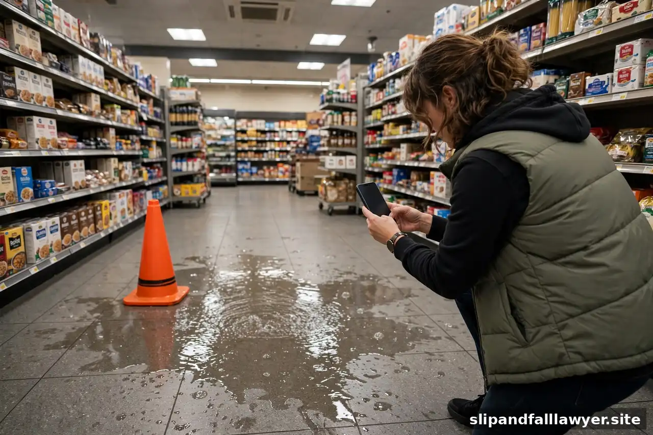 Person photographing a wet spill on a supermarket floor with a smartphone