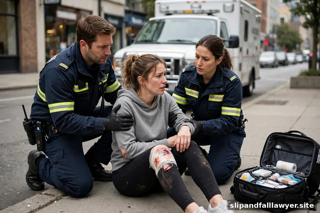Paramedics helping an injured woman on a city sidewalk near an ambulance