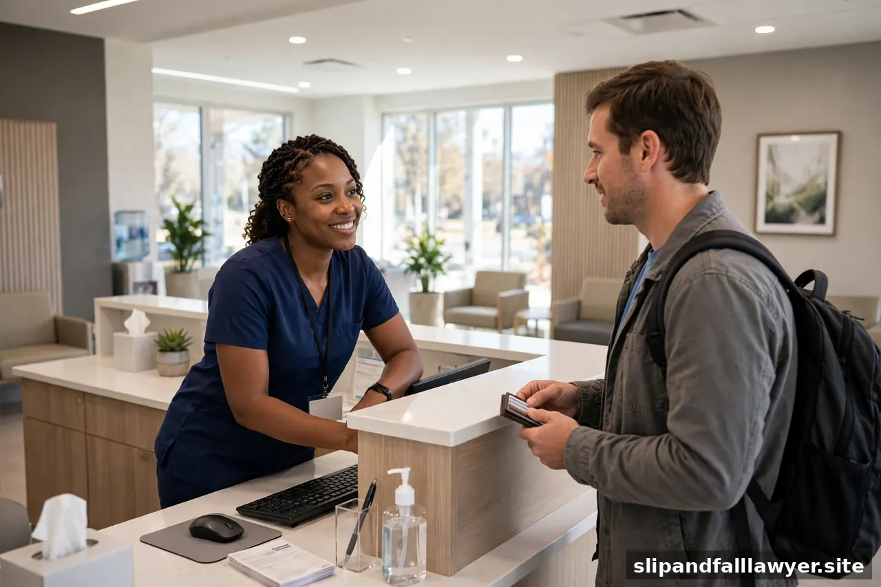 Patient checking in at a bright urgent care clinic reception desk