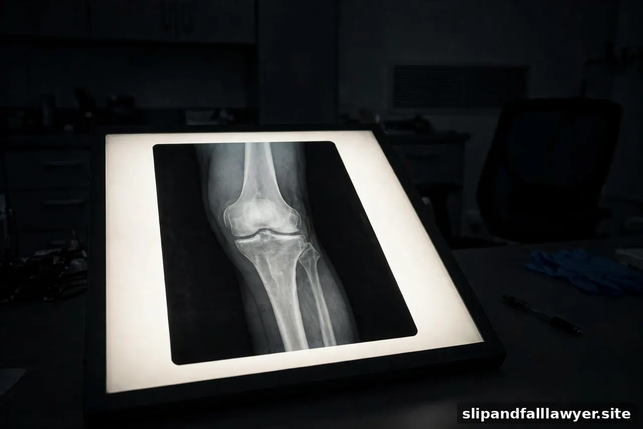 Knee X-ray illuminated on a lightbox in a radiology reading room