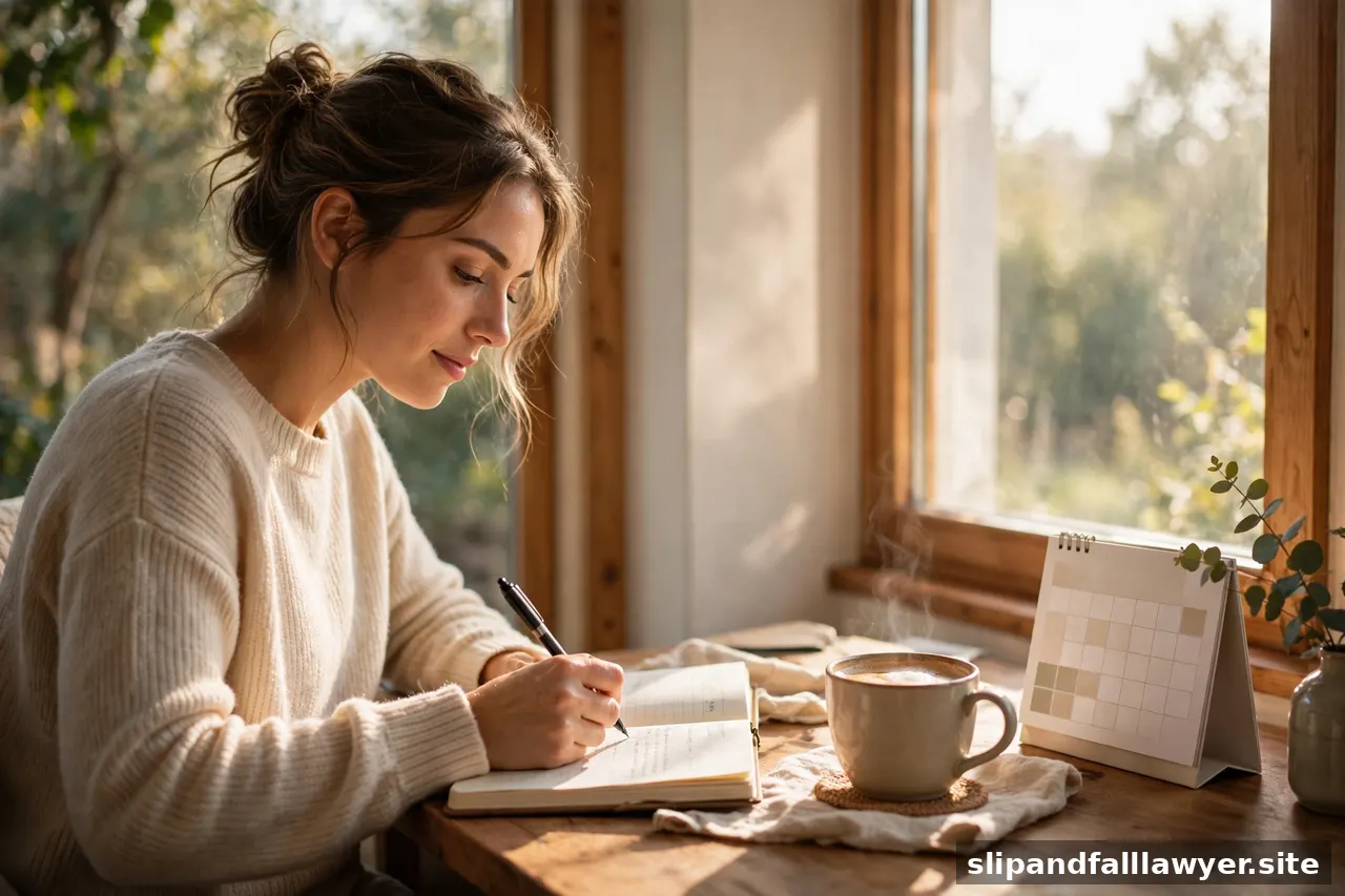 Woman writing in a journal at a home desk in morning light