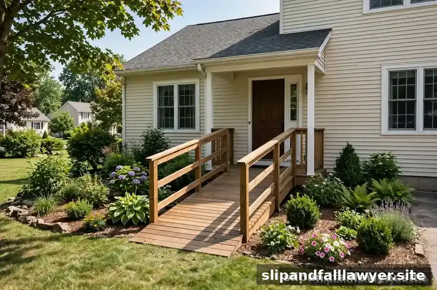Wheelchair access ramp installed at the entrance of a suburban home