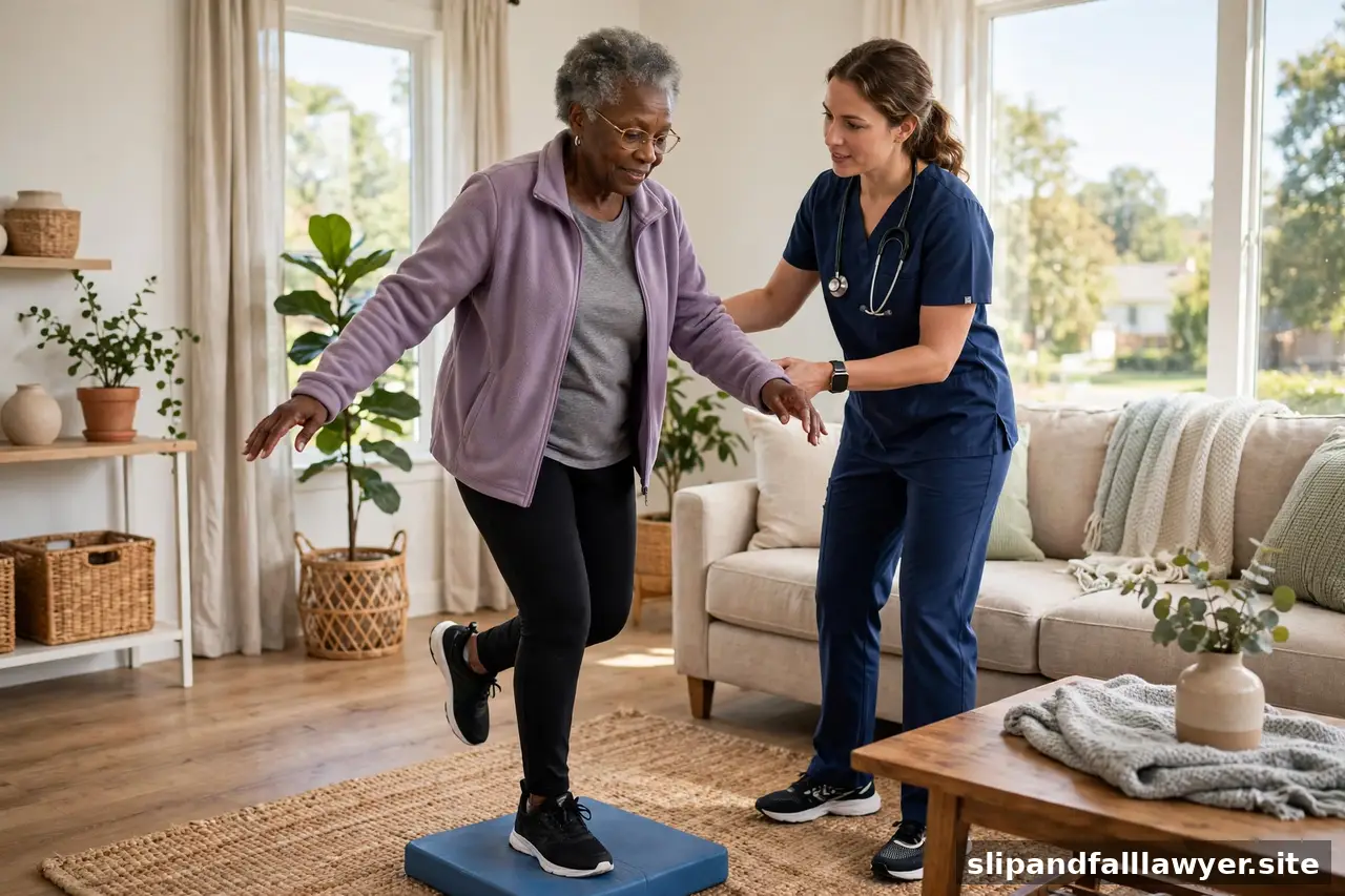 Senior woman doing balance exercises with a therapist in a living room