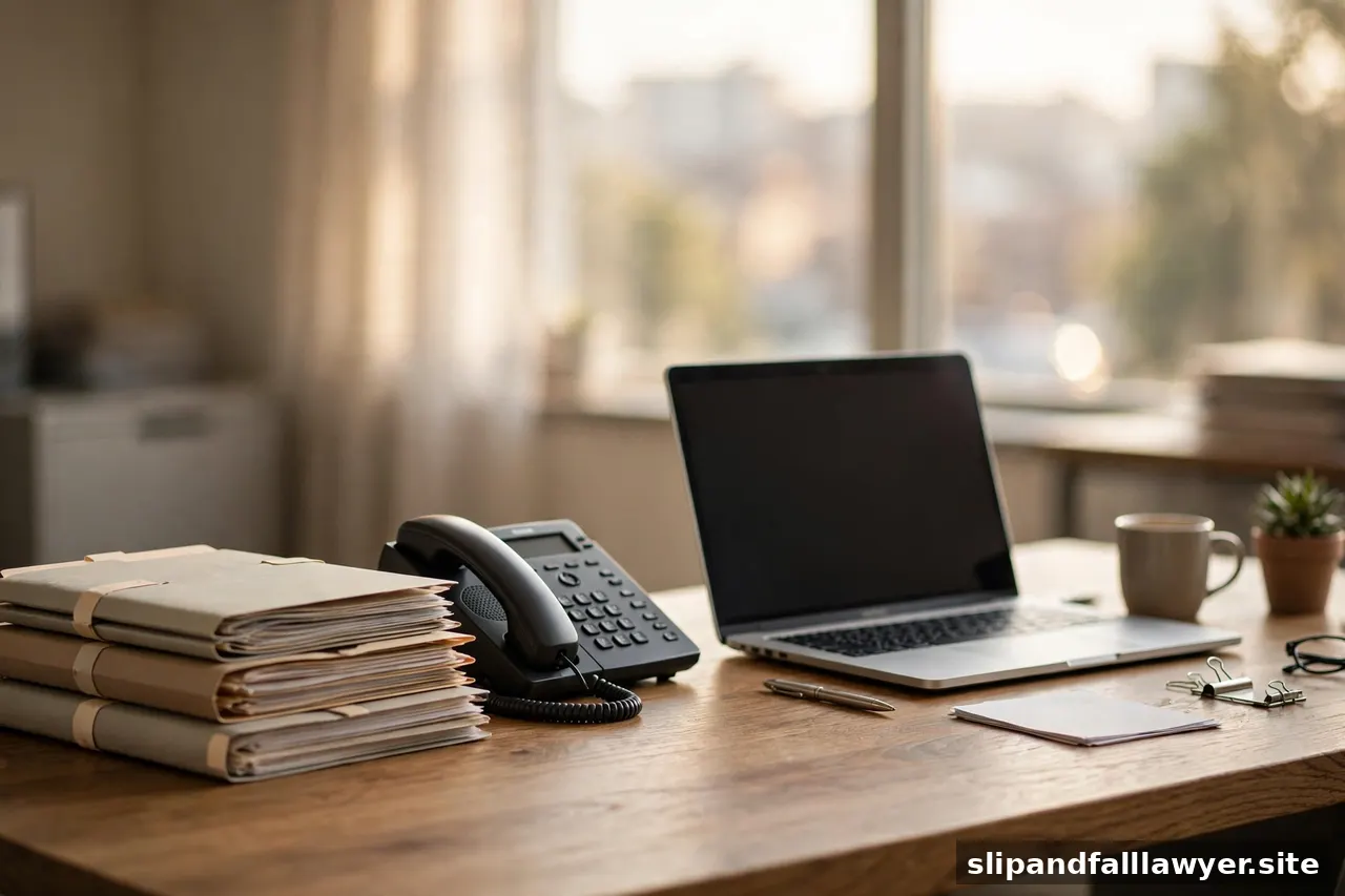 Insurance adjuster's desk with claim folders, telephone, and laptop in a modern office