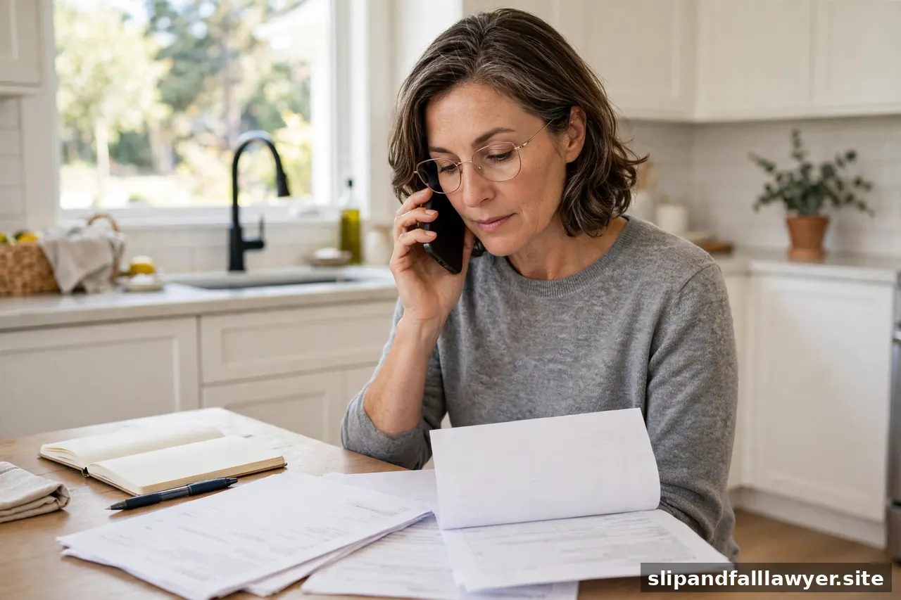 Woman reviewing insurance paperwork at a kitchen table while on the phone