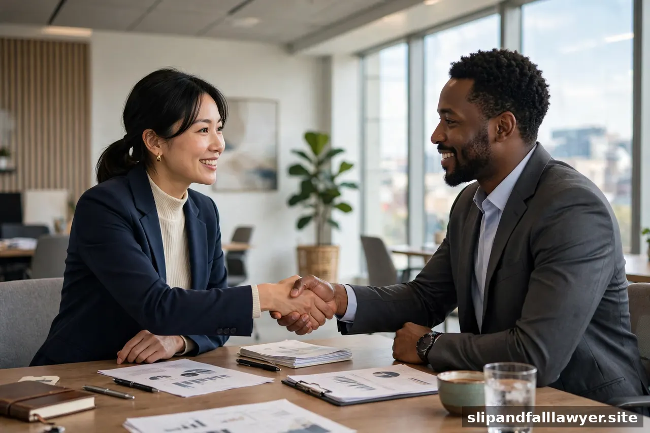 Two professionals shaking hands across a conference table in an office