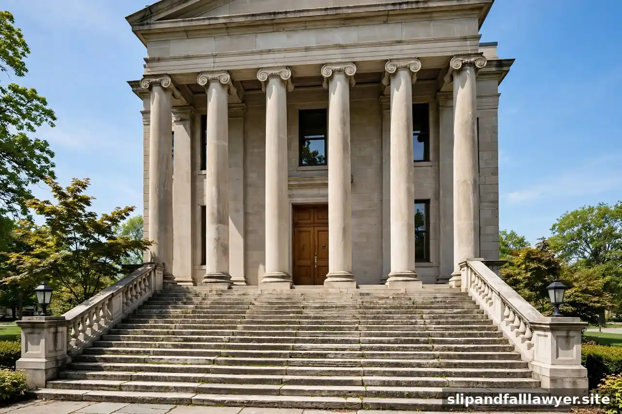 Stone steps and columns of an American courthouse under a blue sky