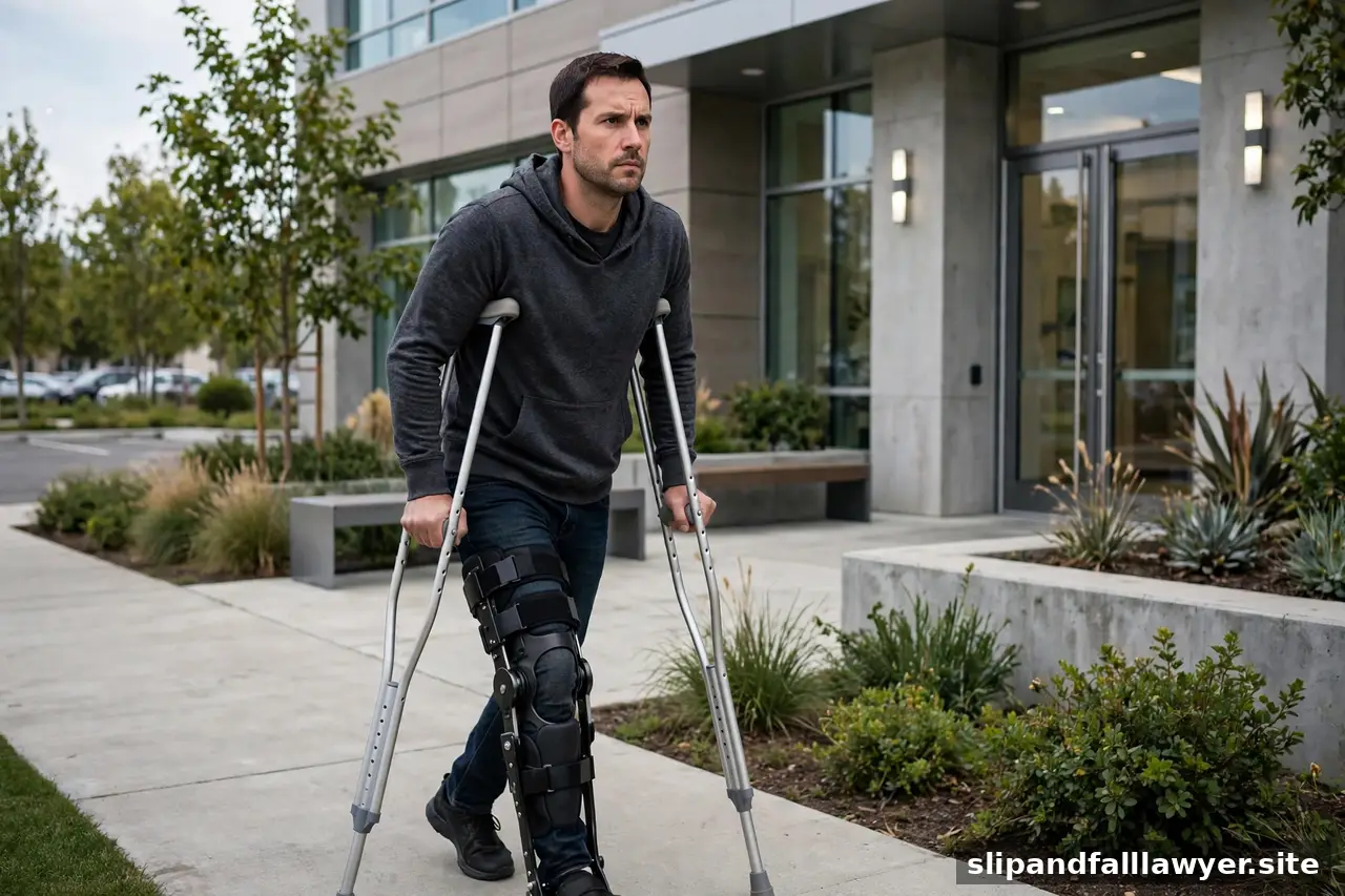 Man with a leg brace using crutches outside a medical clinic