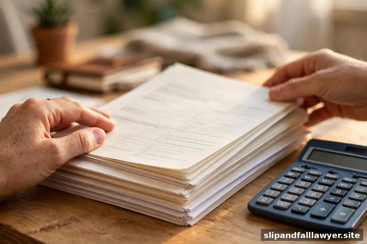 Hands organizing medical bills and legal documents on a wooden desk