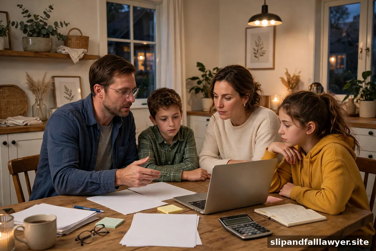 Family discussing finances around a dining table at home