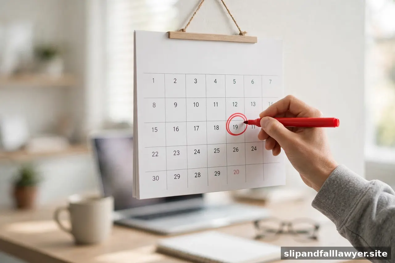Hand circling a date on a wall calendar with a red marker