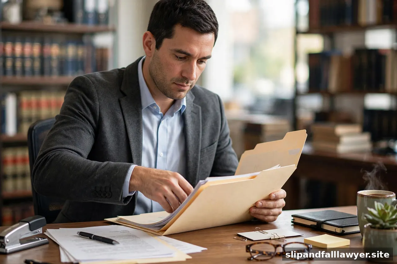 Person filing legal documents into a folder in a law office