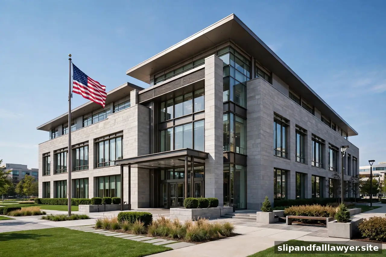 Modern American city hall building with an American flag