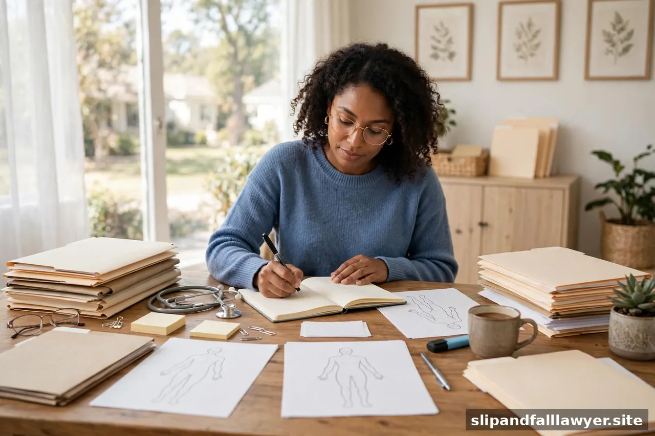 Woman writing in a notebook surrounded by organized claim folders