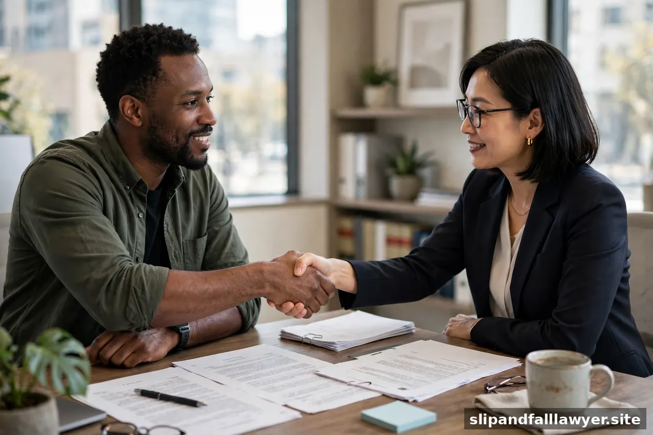 Client and attorney shaking hands over settlement papers in a law office