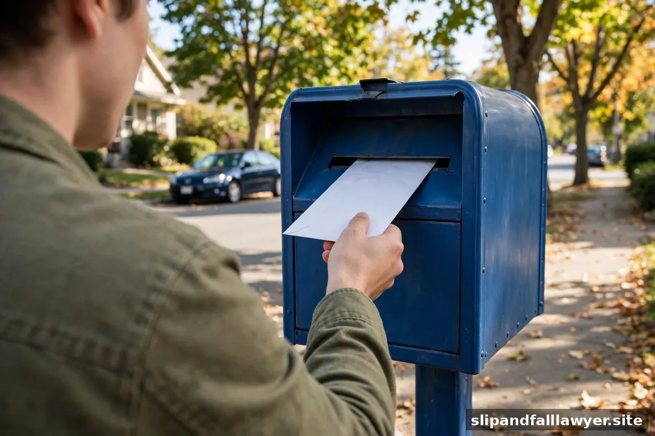 Person mailing a sealed envelope at a blue USPS mailbox