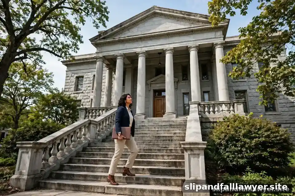 Stone steps and columned entrance of an American county courthouse on a clear day