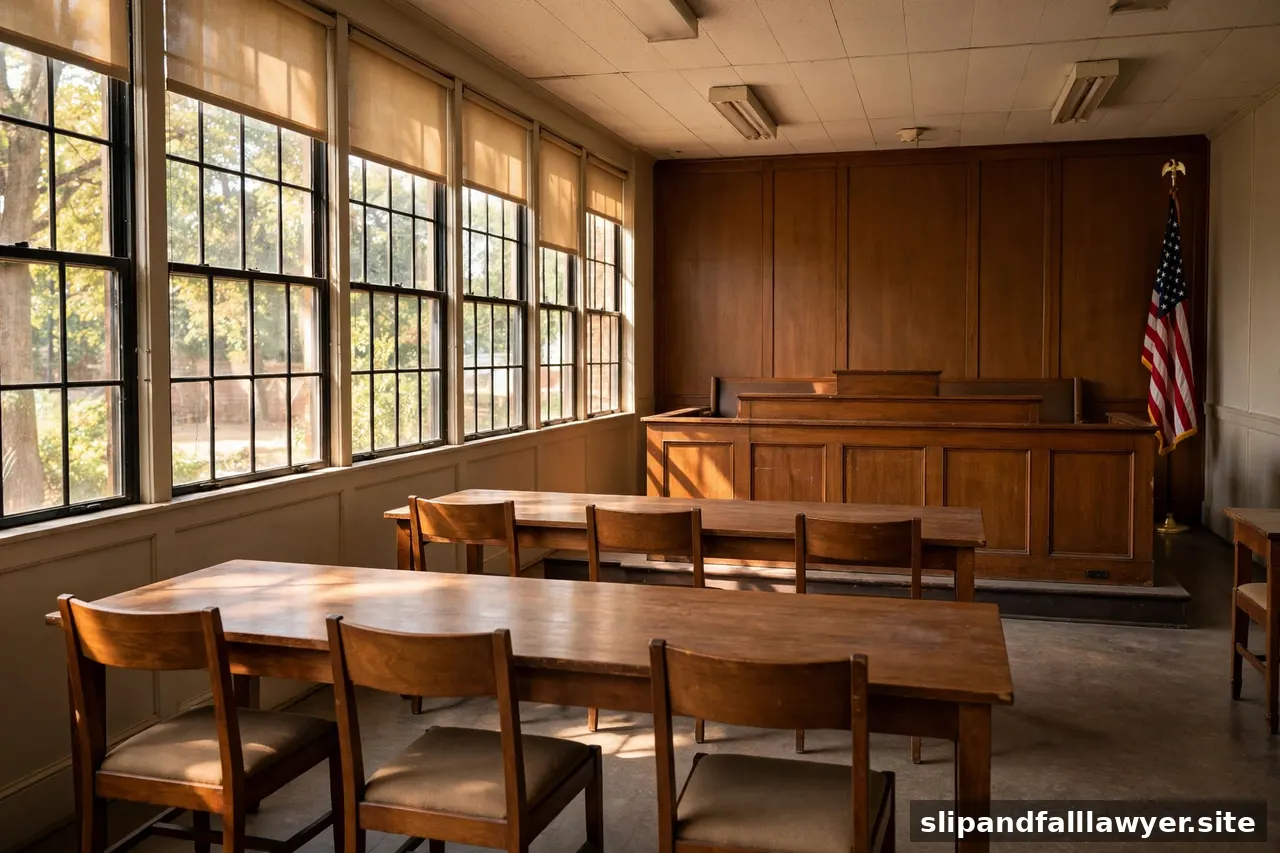 Interior of a modest small-claims courtroom with wooden judge's bench and empty tables