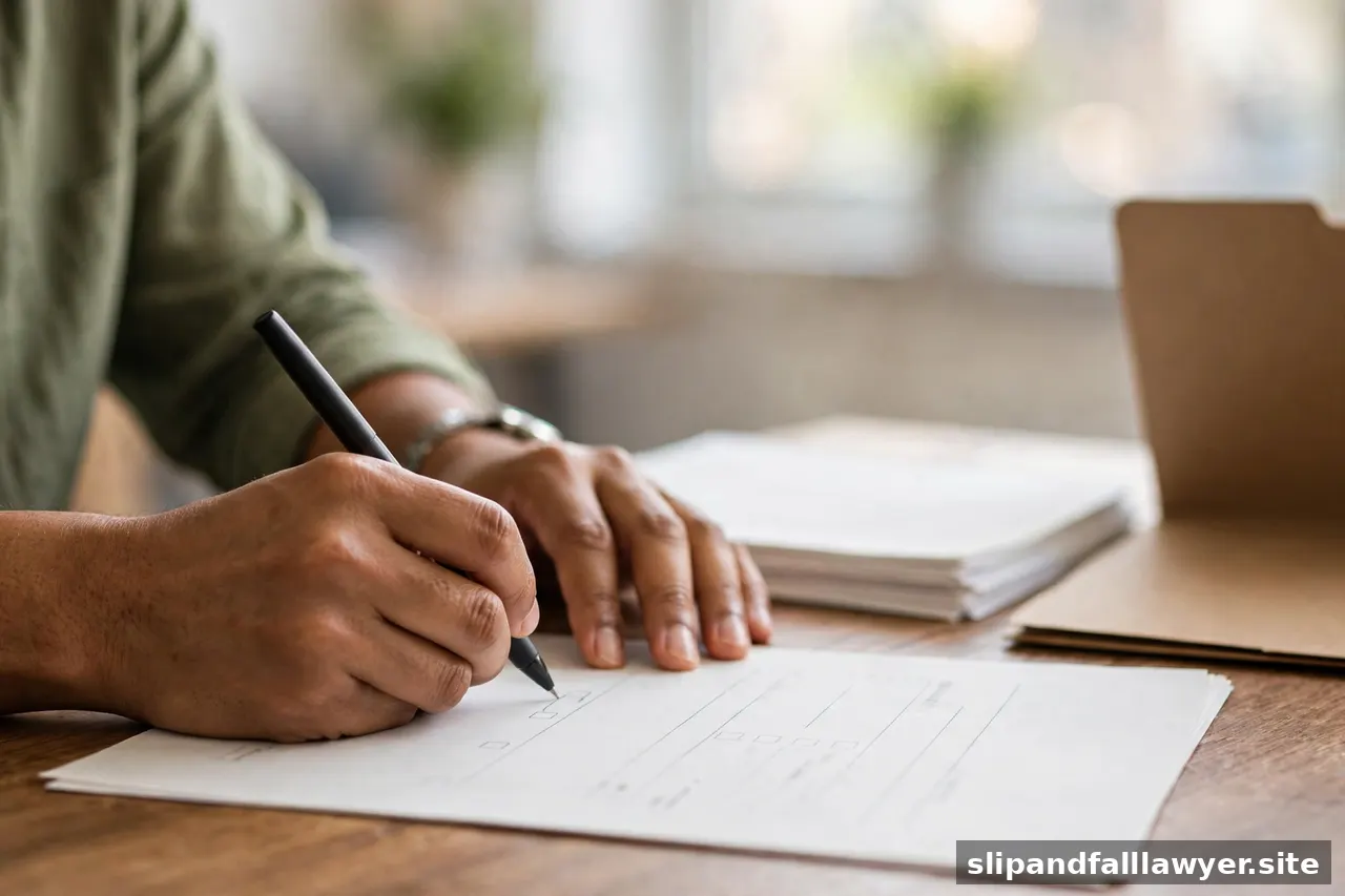 Hands signing legal claim forms with a pen at a wooden desk in a bright office