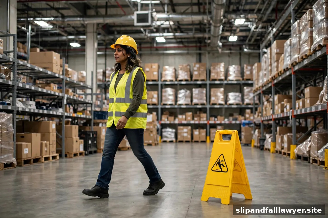Warehouse worker in safety vest walking past a wet-floor caution sign in a warehouse
