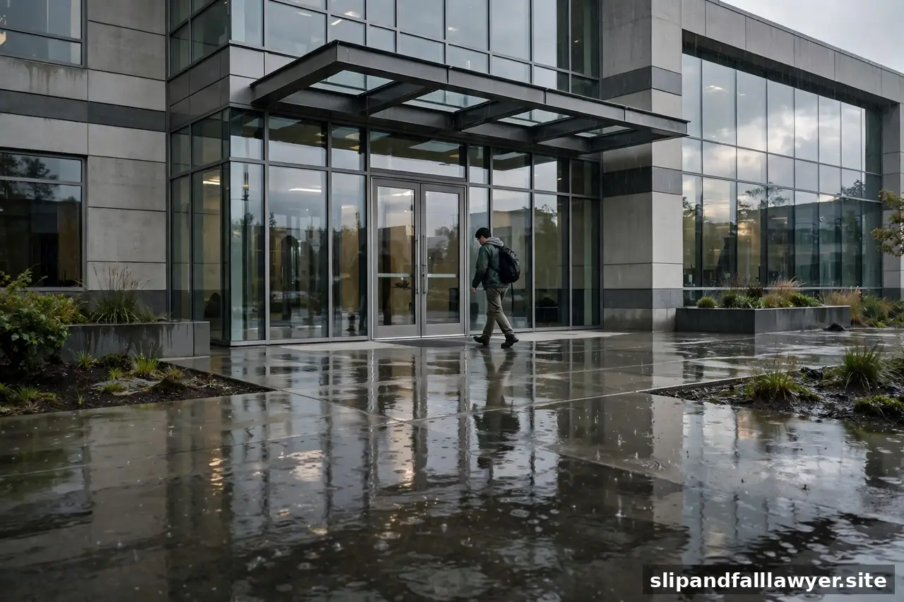 Worker walking carefully toward a glass office building entrance over rain-wet pavement