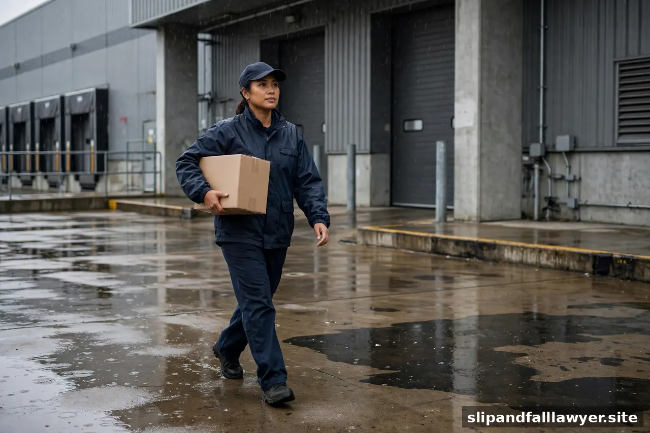 Delivery driver carrying a package across a wet commercial loading dock area